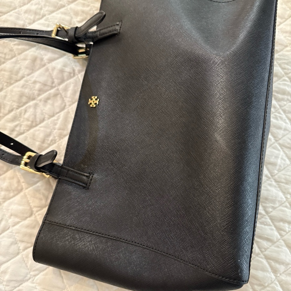 Tory Burch Black Saffiano Leather Tote with Gold Logo